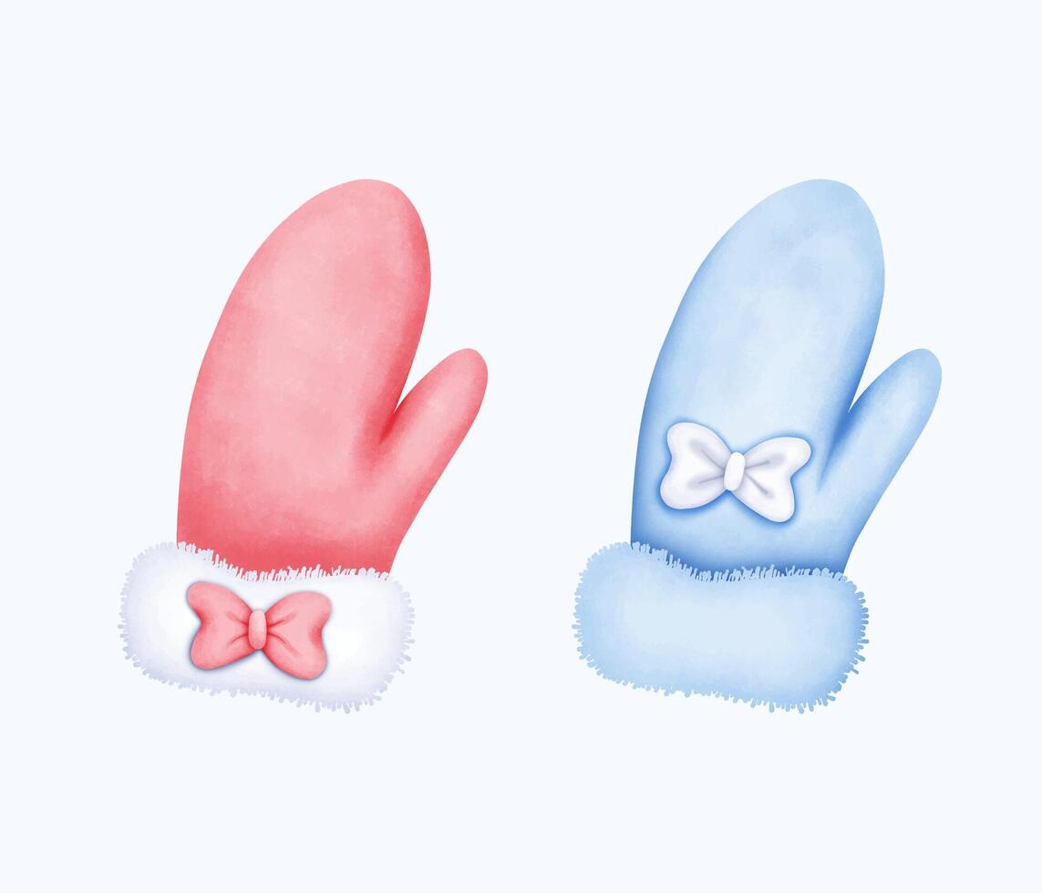 Cute and Artistic Watercolor blue and red Glove with bow. Illustration for Creative Winter Decor and Fashion Art vector