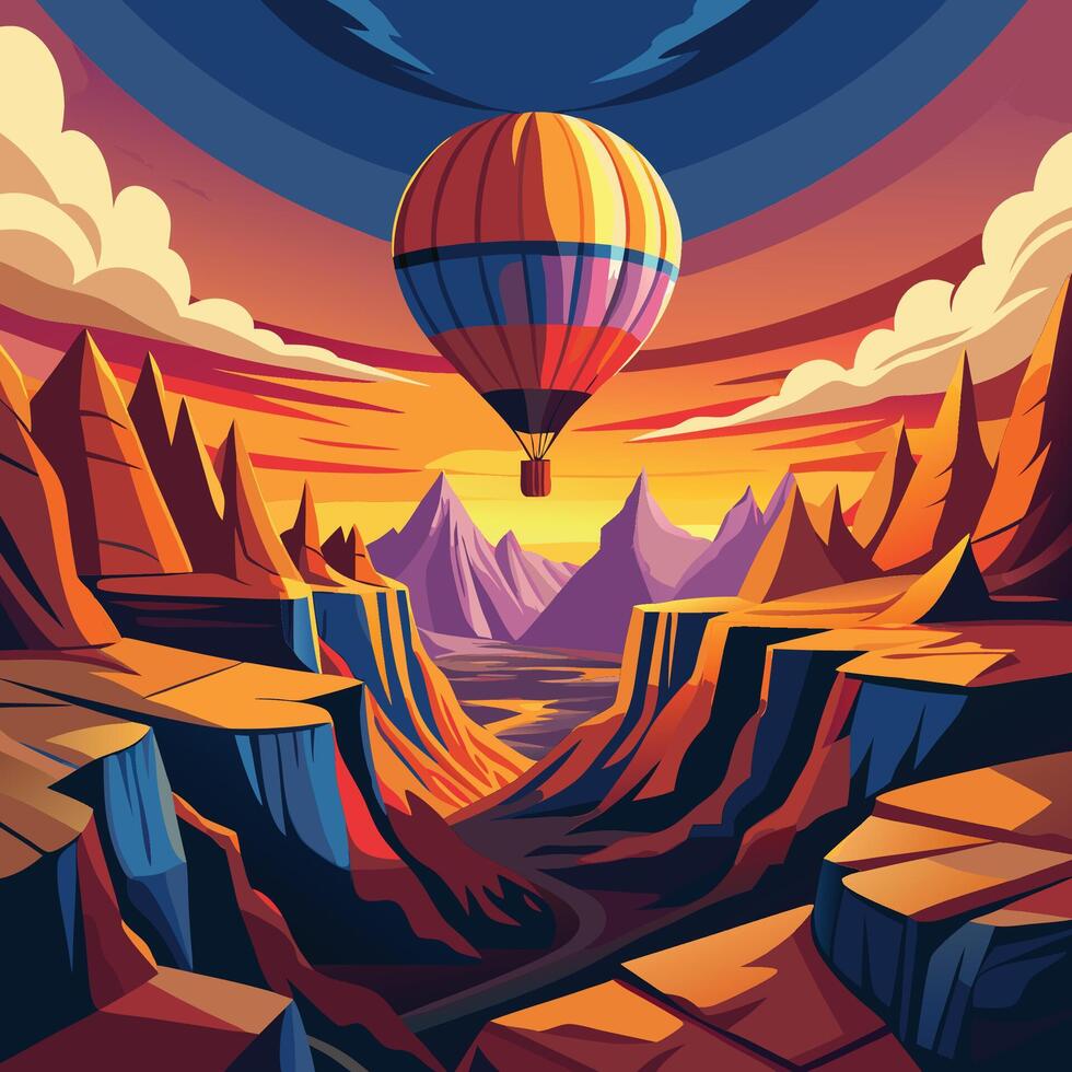 A hot air balloon floating over a scenic canyon with vibrant, layered rock formations and a glowing sky vector