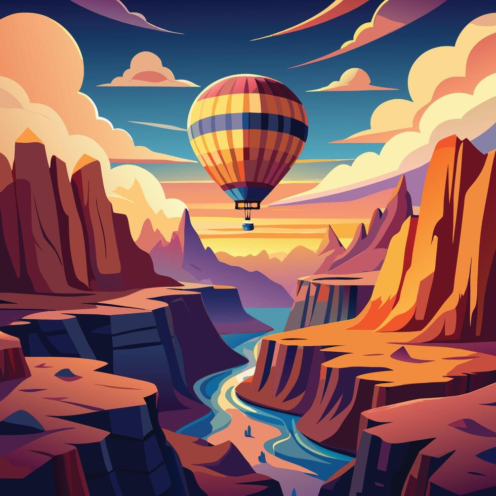 A hot air balloon floating over a scenic canyon vector
