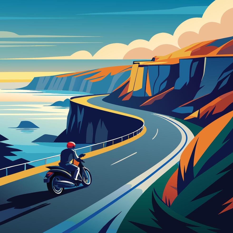 A motorcyclist speeding along a winding coastal road, with the ocean on one side and cliffs on the other vector