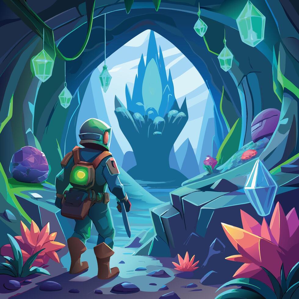 A futuristic adventurer exploring a hidden cave filled with luminescent crystals and mysterious creatures vector