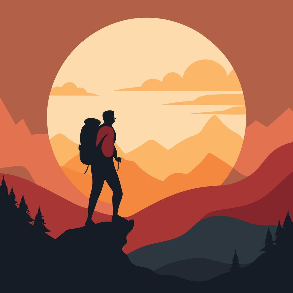 a hiker with a backpack walking across a misty mountain vector