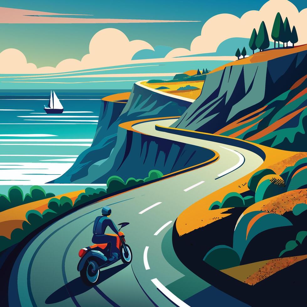 A motorcyclist speeding along a winding coastal road vector