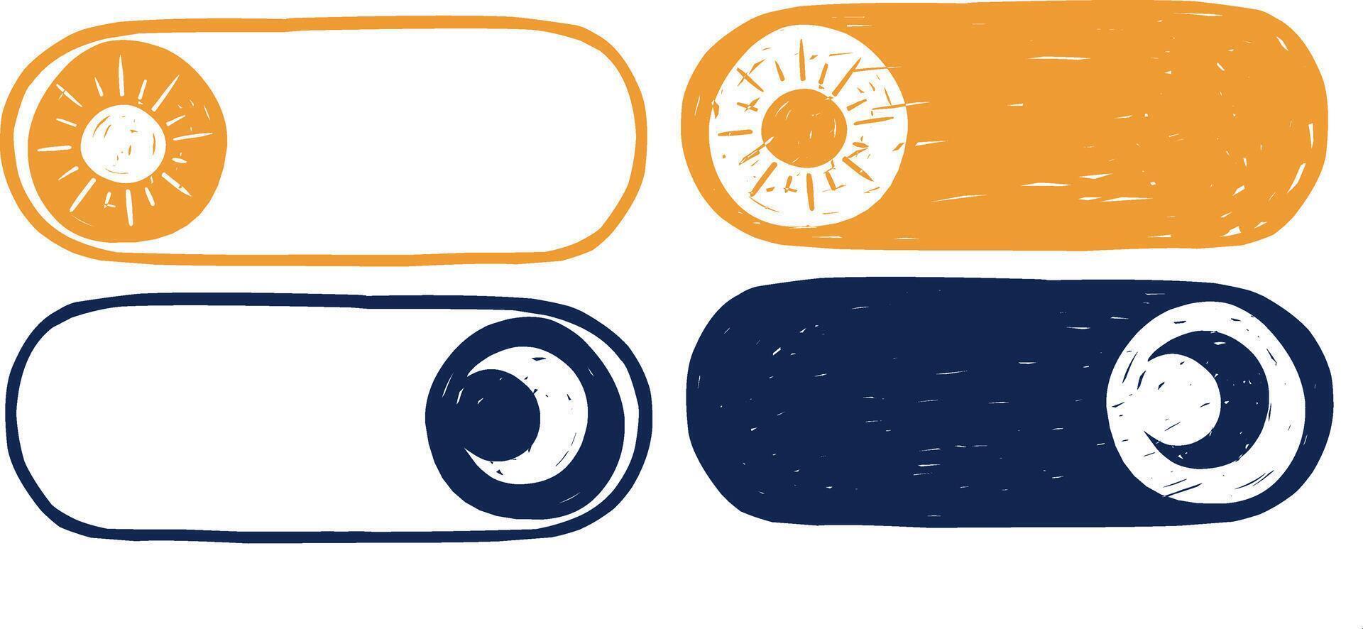 Hand drawn On Off toggle switch buttons. Scribble style day night switch toggle - light mode and dark mode switch button - sun and moon icons vector