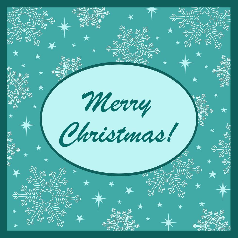 Merry Christmas card, oval frame with snowflake on turquoise background vector