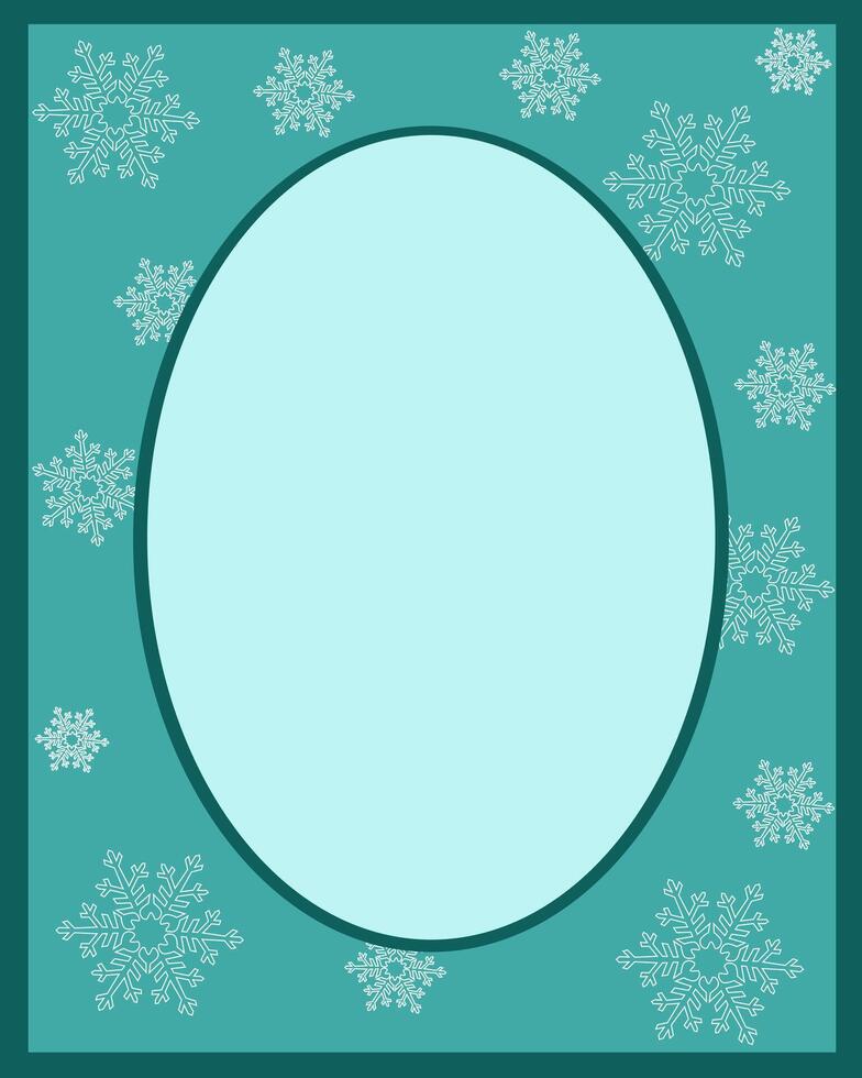 Winter card, oval frame with snowflake on turquoise background vector