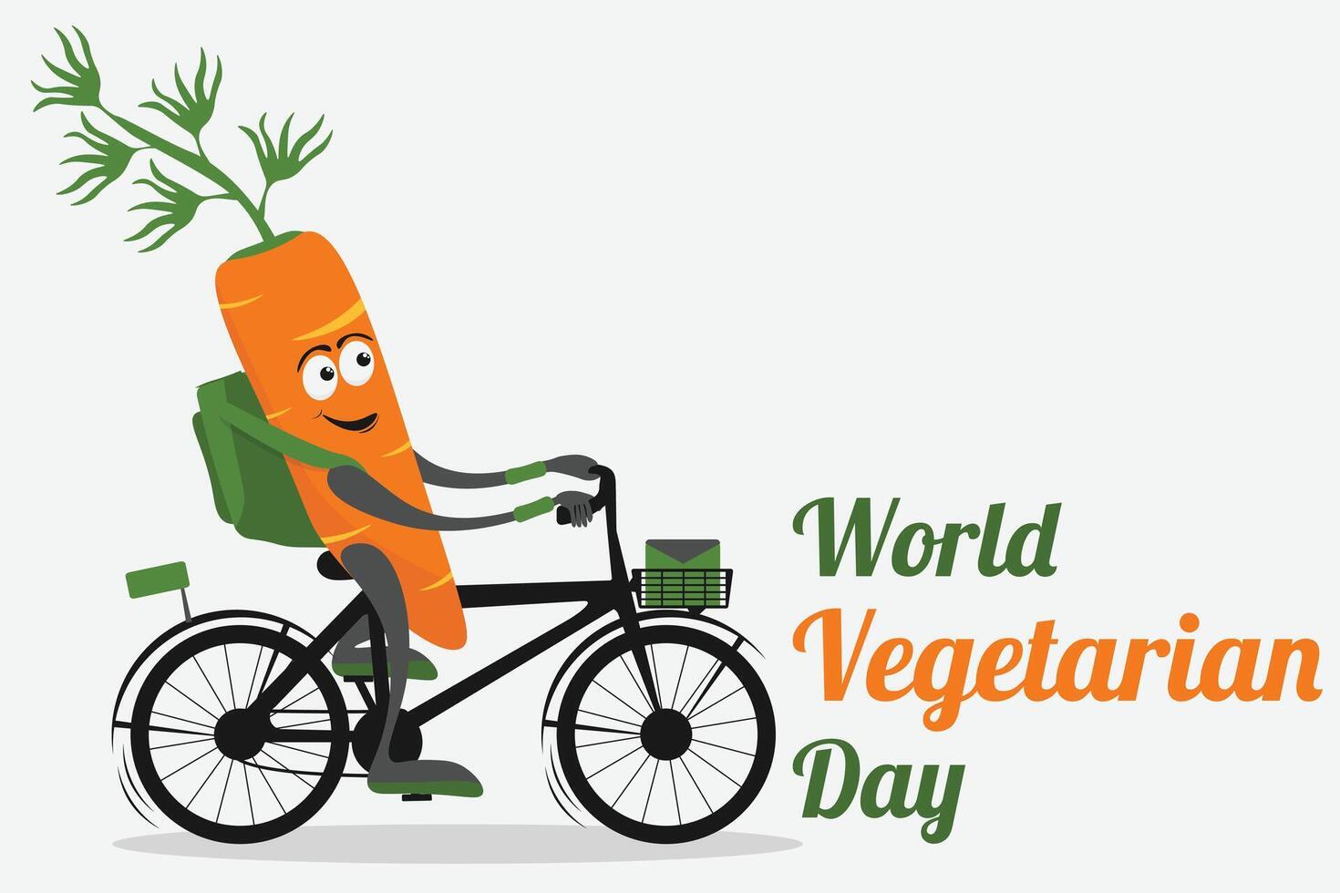 Happy carrot character on bicycle. Vegetable carrot mascot. Vegetarian day poster or banner vector