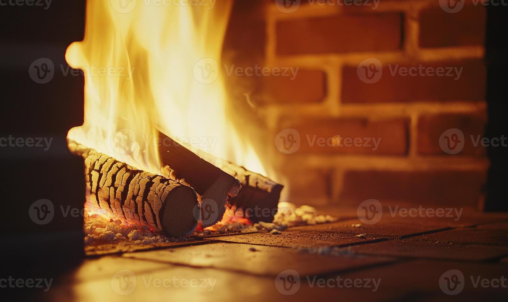 Close-up of flickering flames in a brick fireplace photo