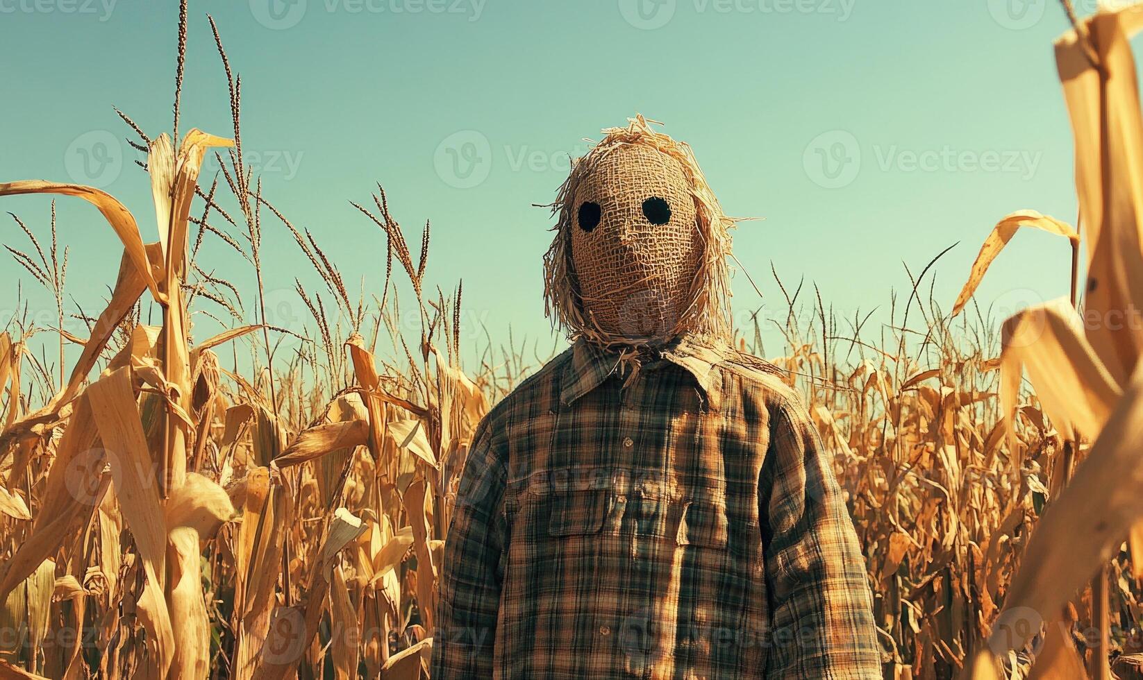 Cornfield with a scarecrow, tall stalks, clear sky photo