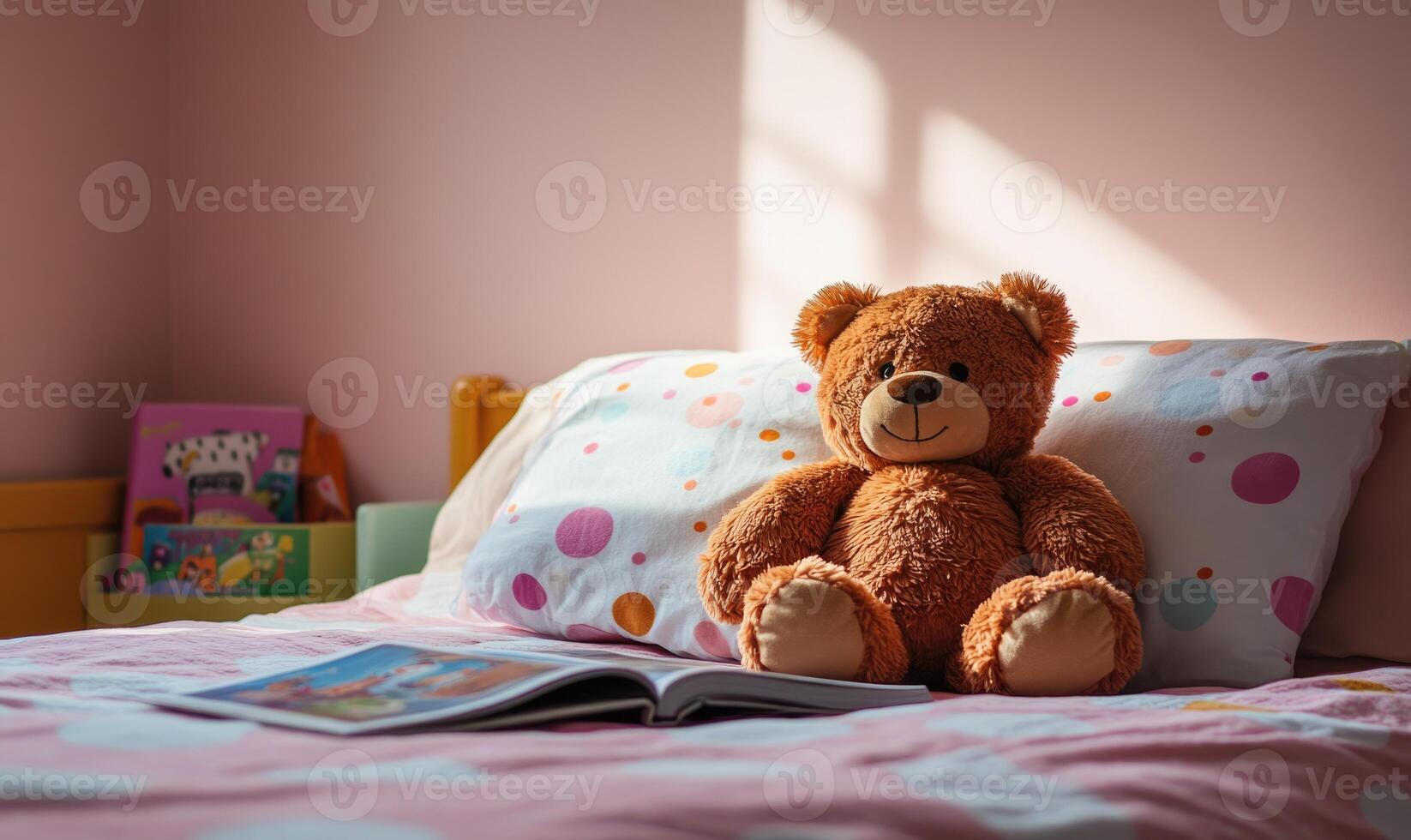 Brown plush bear on bed, polka dot sheets, storybook nearby, light pink walls photo