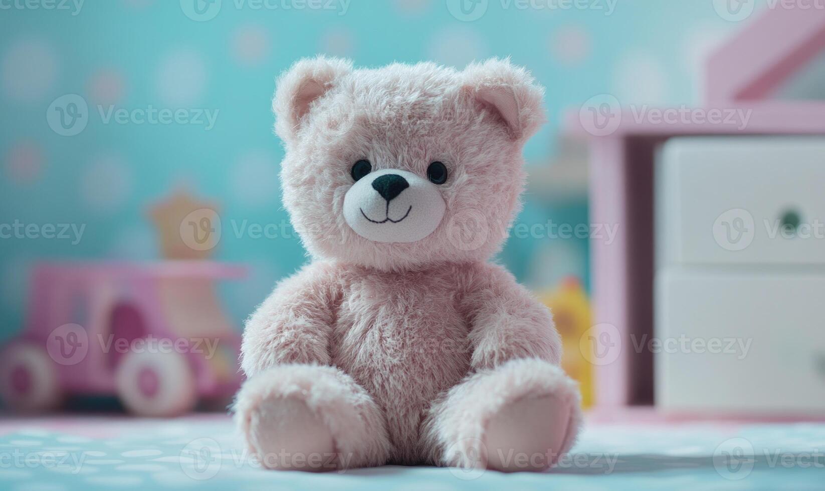 Fluffy bear sitting upright, polka dot sheets, toy shelf in background photo
