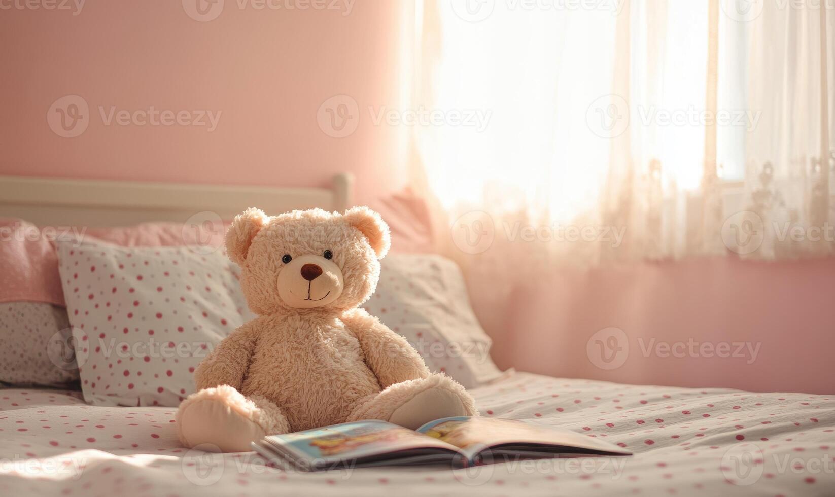 Brown plush bear on bed, polka dot sheets, storybook nearby, light pink walls photo
