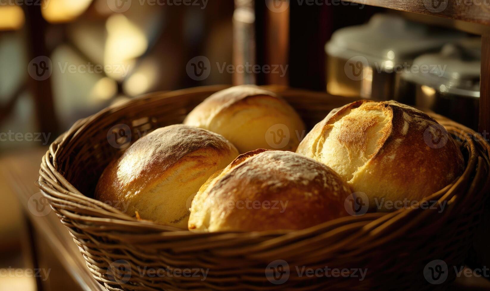 Freshly baked bread in a basket, rustic kitchen photo