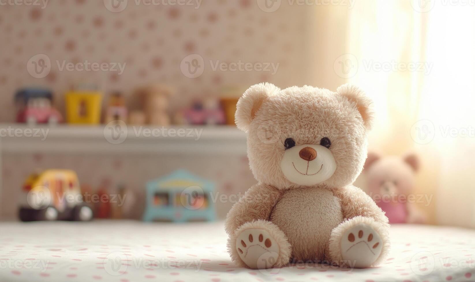 Fluffy bear sitting upright, polka dot sheets, toy shelf in background photo