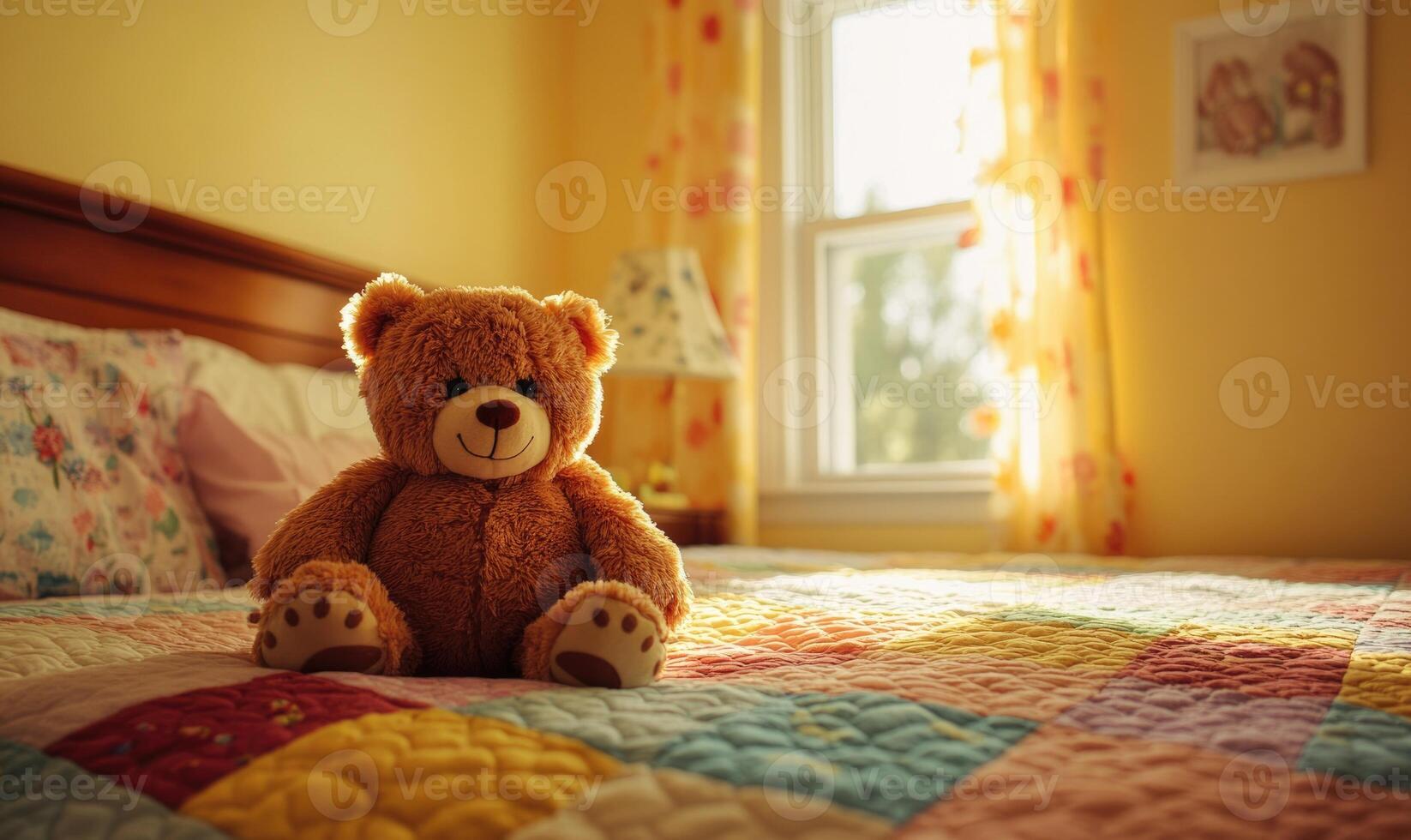 Brown teddy bear on bed, colorful quilt, light yellow walls, warm glow from window photo