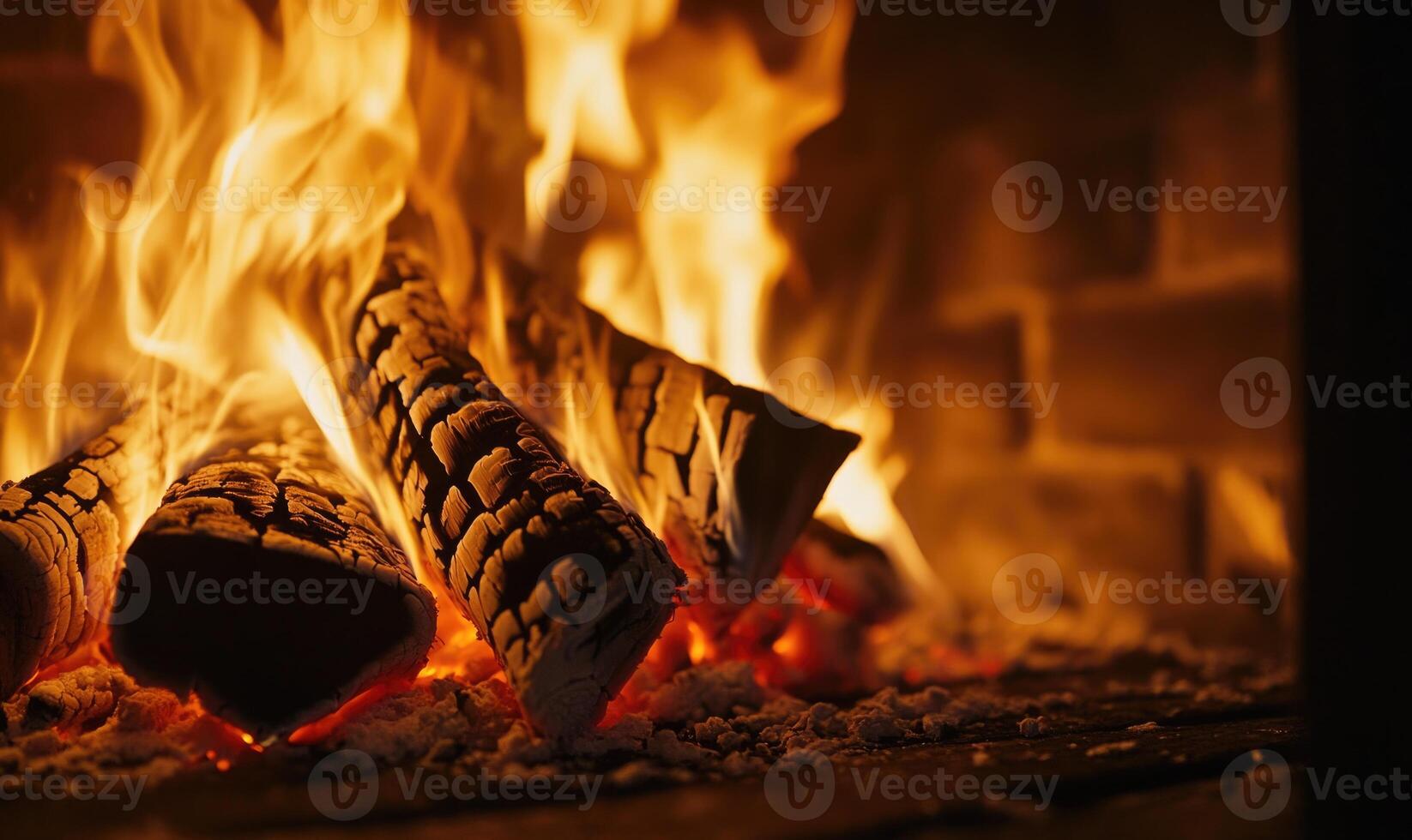 Close-up of a roaring fire in a classic fireplace, flickering flames photo