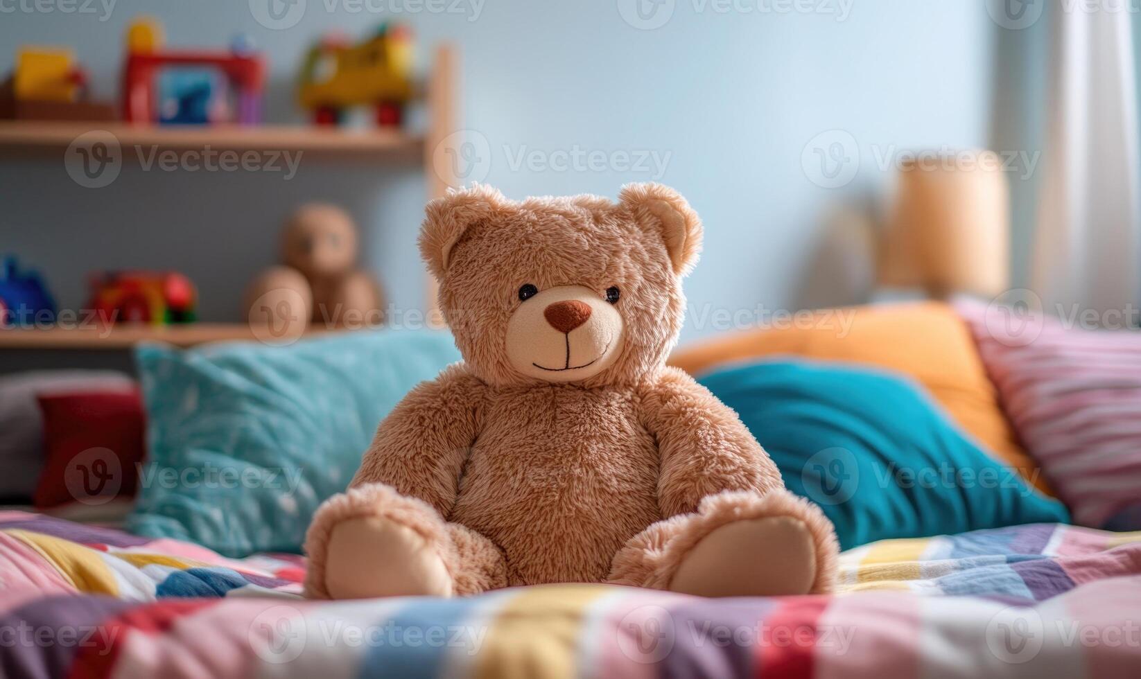 Fluffy bear sitting on bed, striped blanket, colorful cushions photo