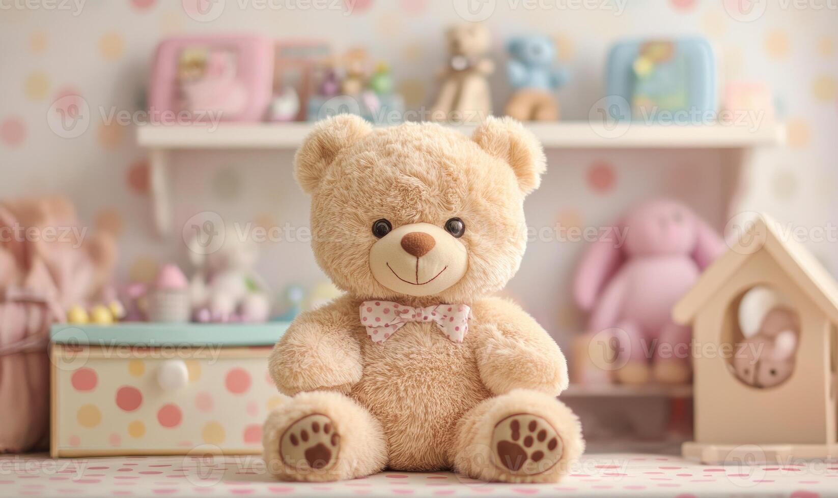 Fluffy bear sitting upright, polka dot sheets, toy shelf in background photo