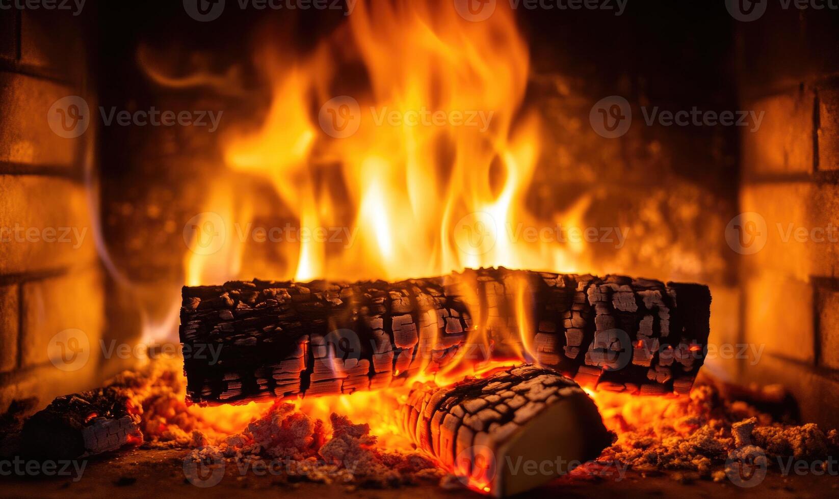 Close-up of a roaring fire in a classic fireplace, flickering flames photo