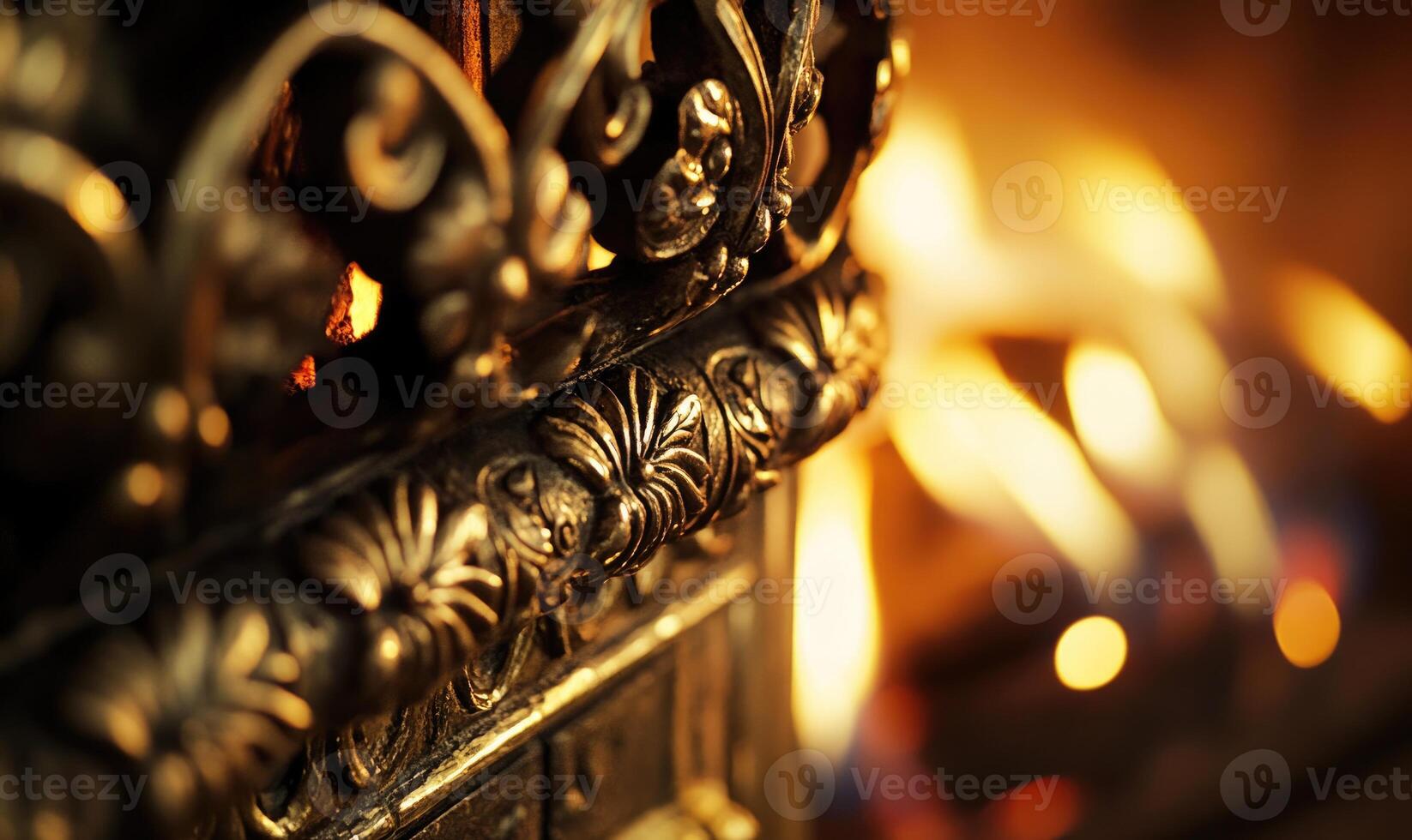 Close-up of fire in a vintage fireplace, intricate metalwork photo