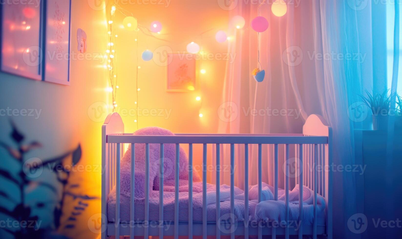 Blue crib in a pastel green room, glowing purple and pink lights photo