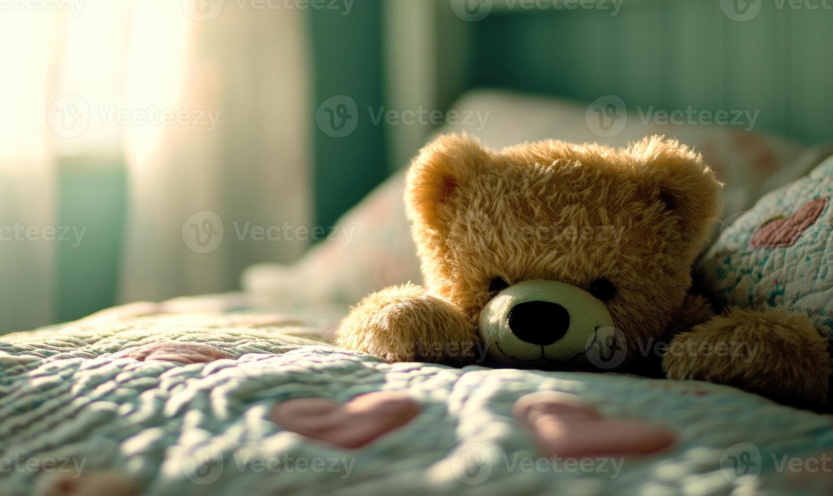 Fluffy bear nestled in cozy bedding, heart-patterned quilt photo