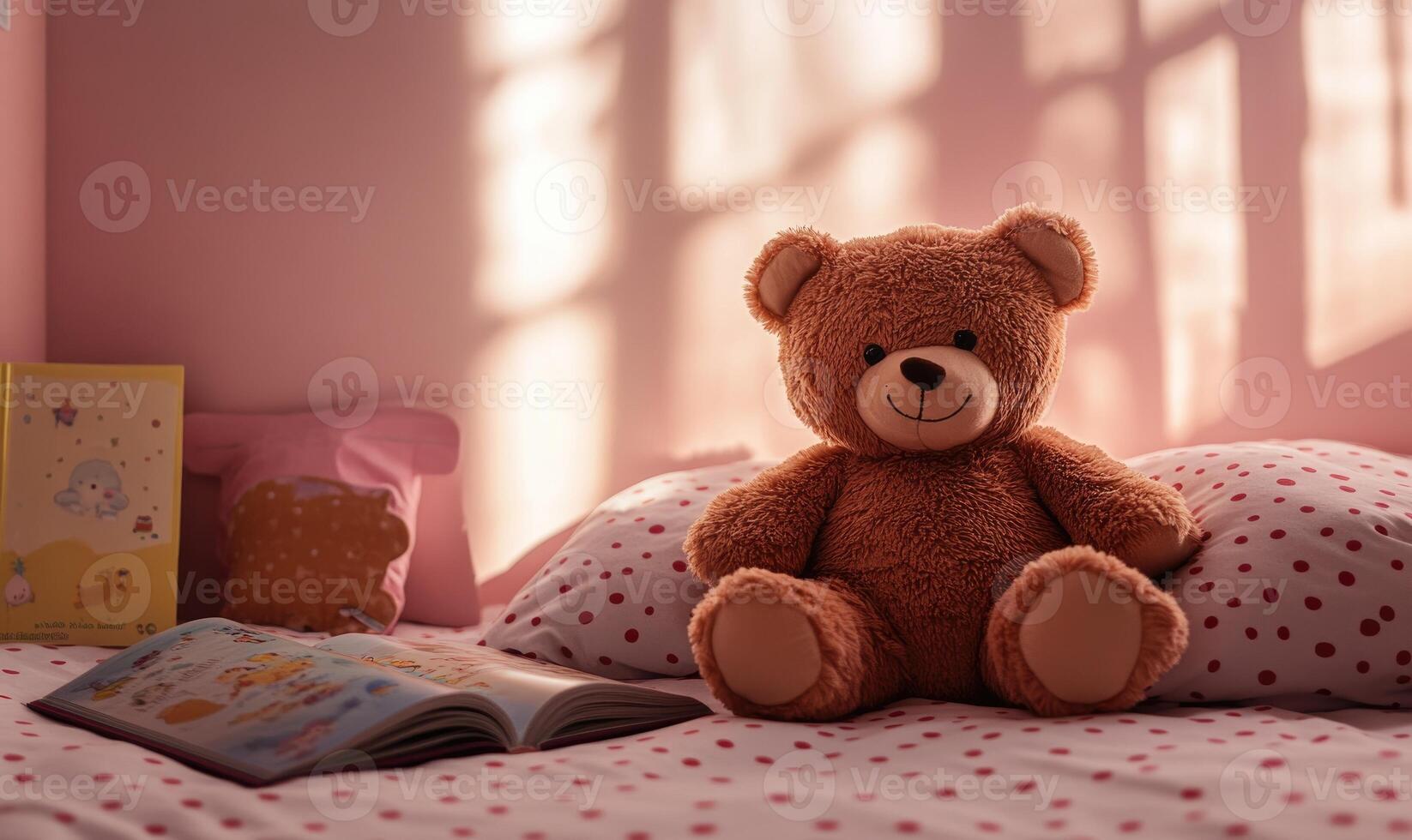 Brown plush bear on bed, polka dot sheets, storybook nearby, light pink walls photo