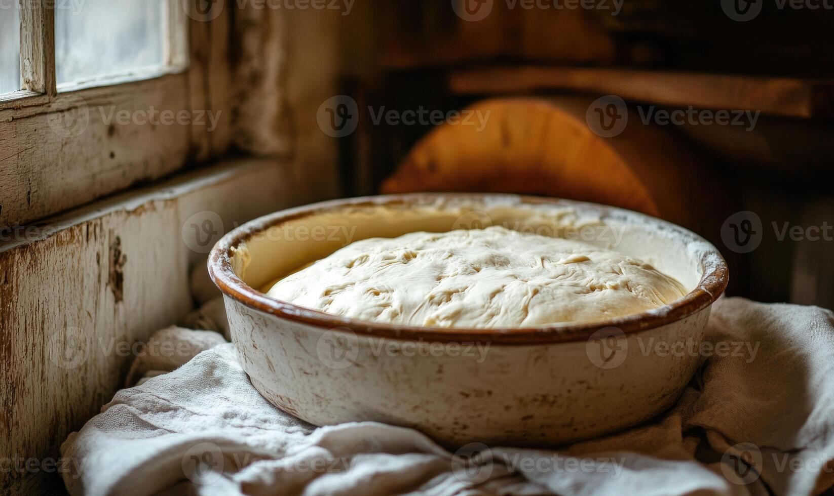 Bread dough in a ceramic dish, rustic feel photo