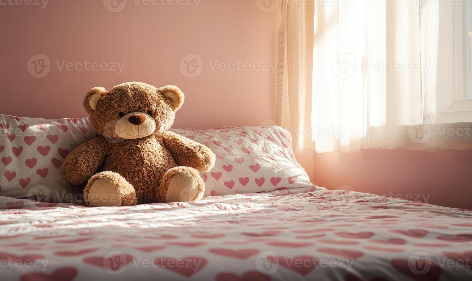 Brown plush bear on bed, heart-patterned sheets, light pink walls photo