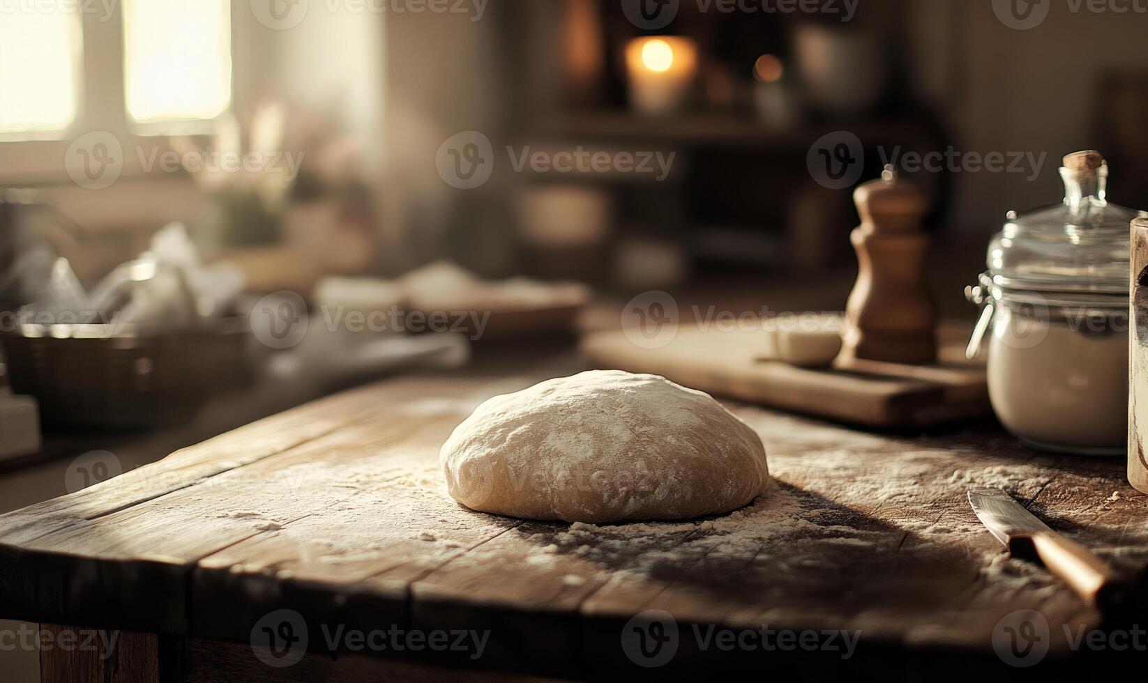 Dough resting on a wooden table photo