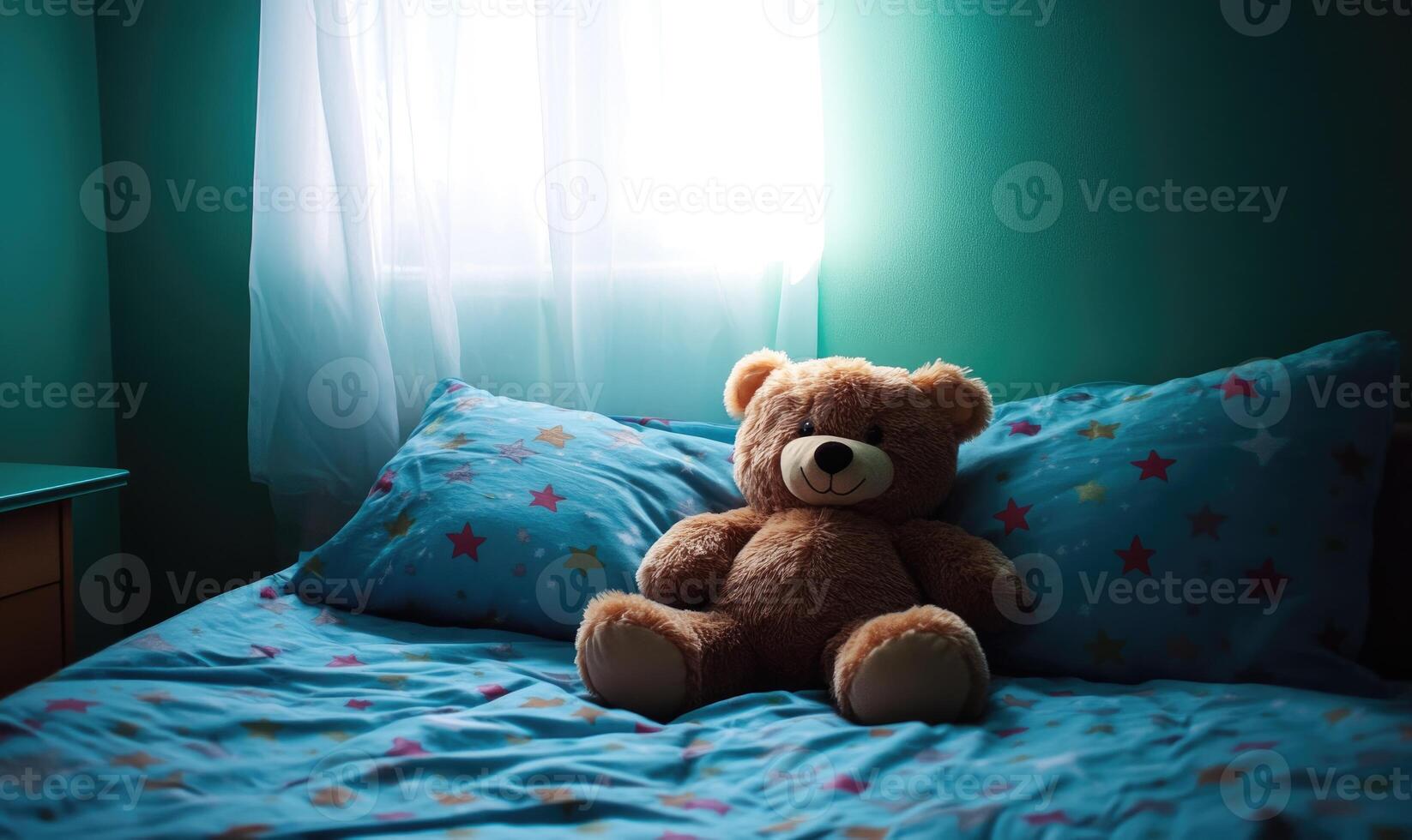 Fluffy plush bear on bed, starry night-themed bedding photo