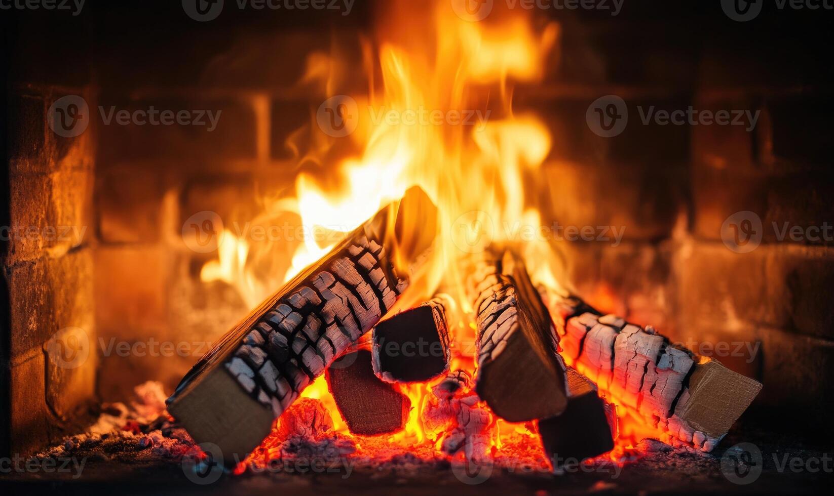 Fire crackling in a rustic stone hearth, glowing embers photo