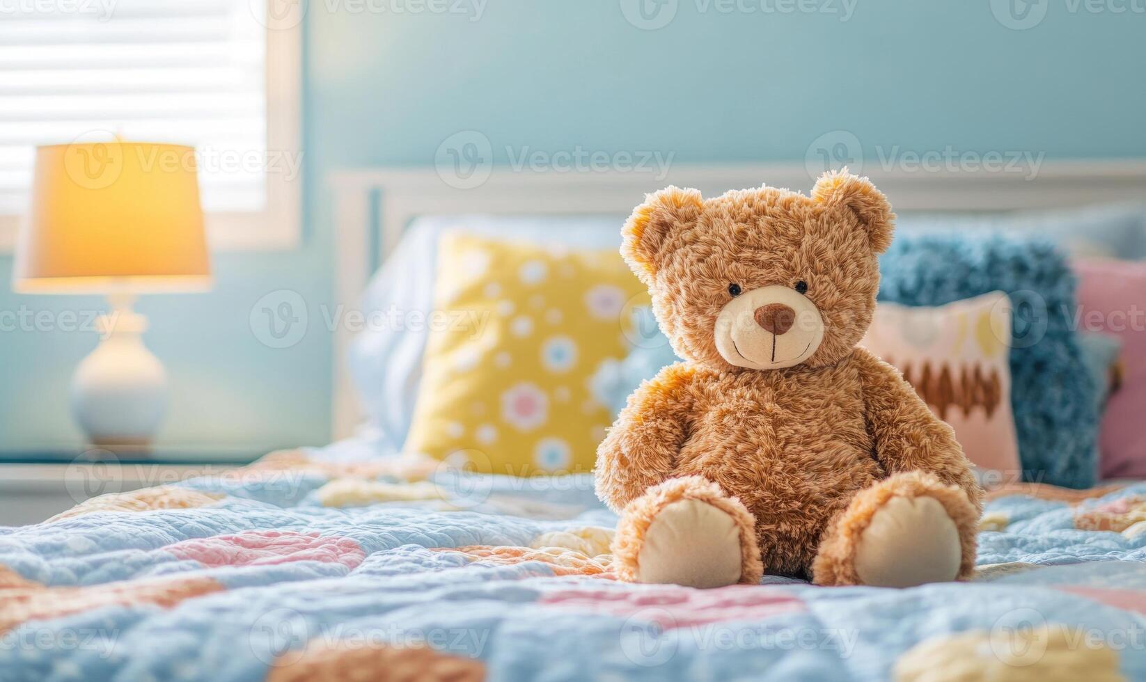 Fluffy teddy bear on cozy bed, colorful pillows photo