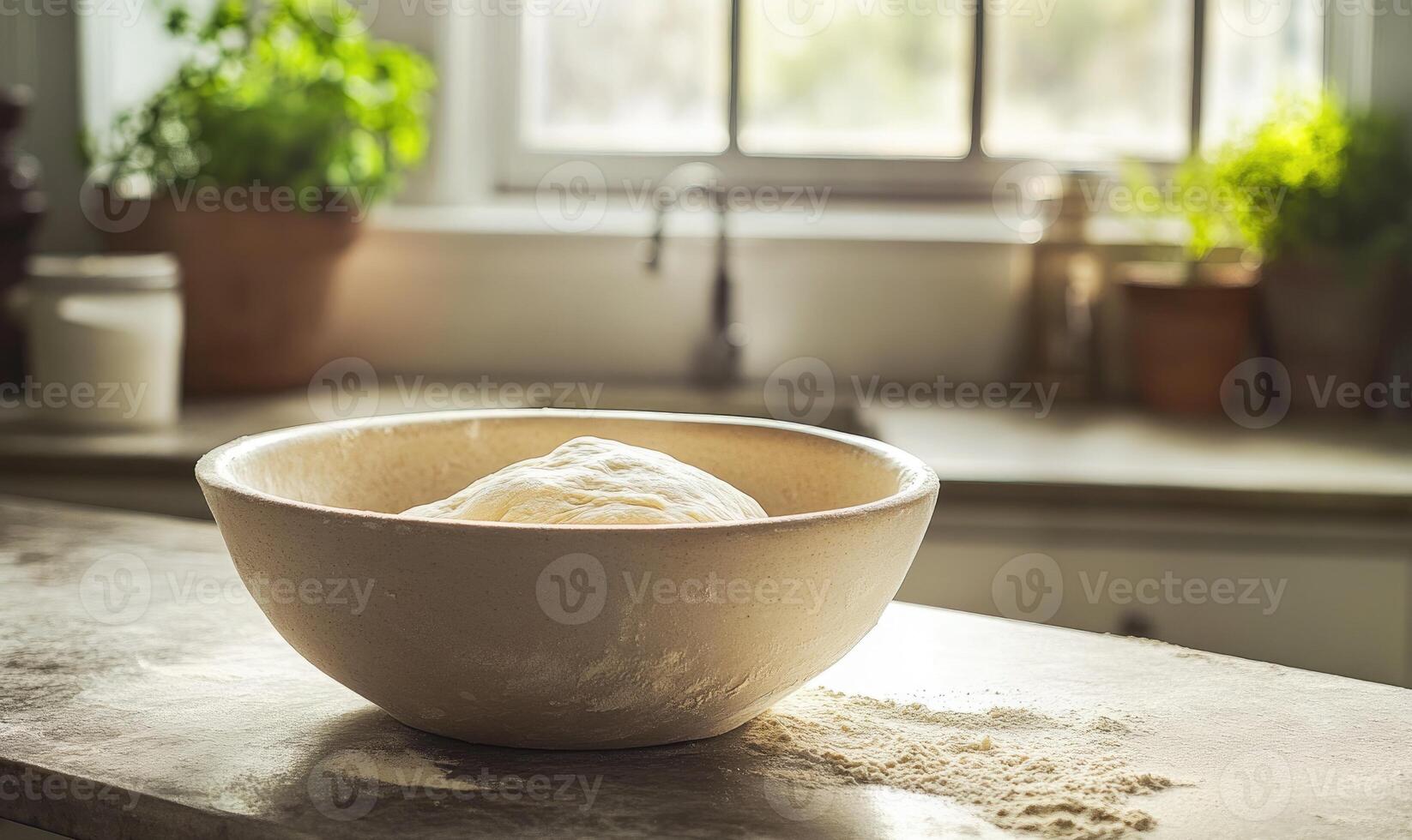 Dough rising in a bowl on a stone countertop photo