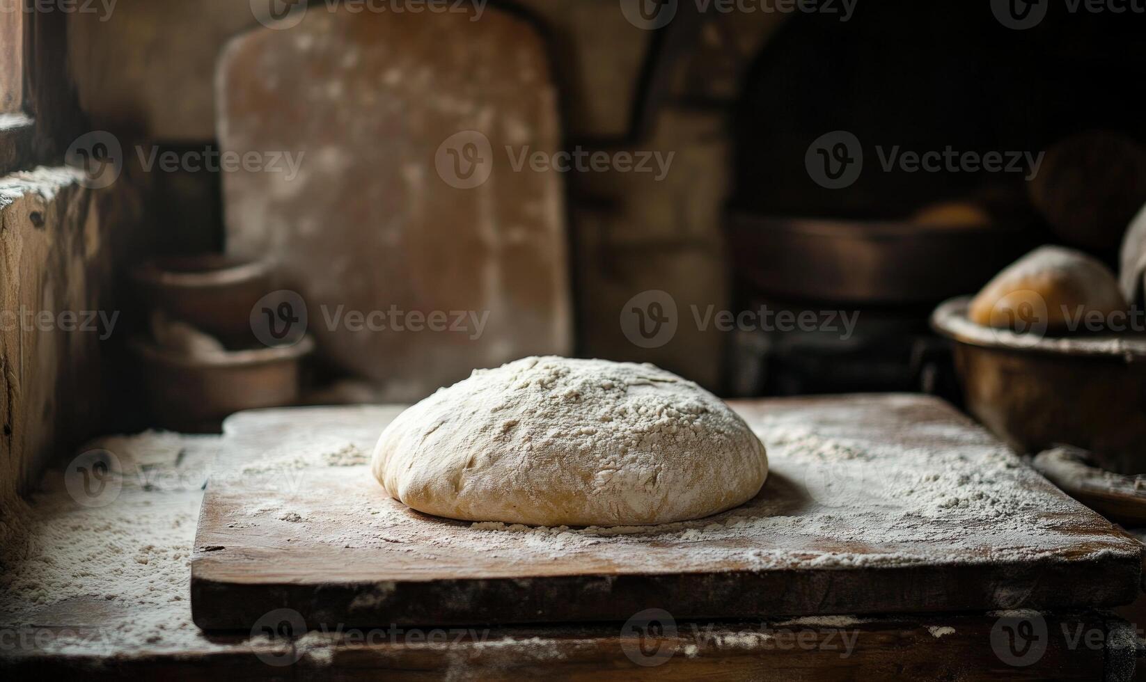 Dough for bread on a floured board, warm kitchen photo