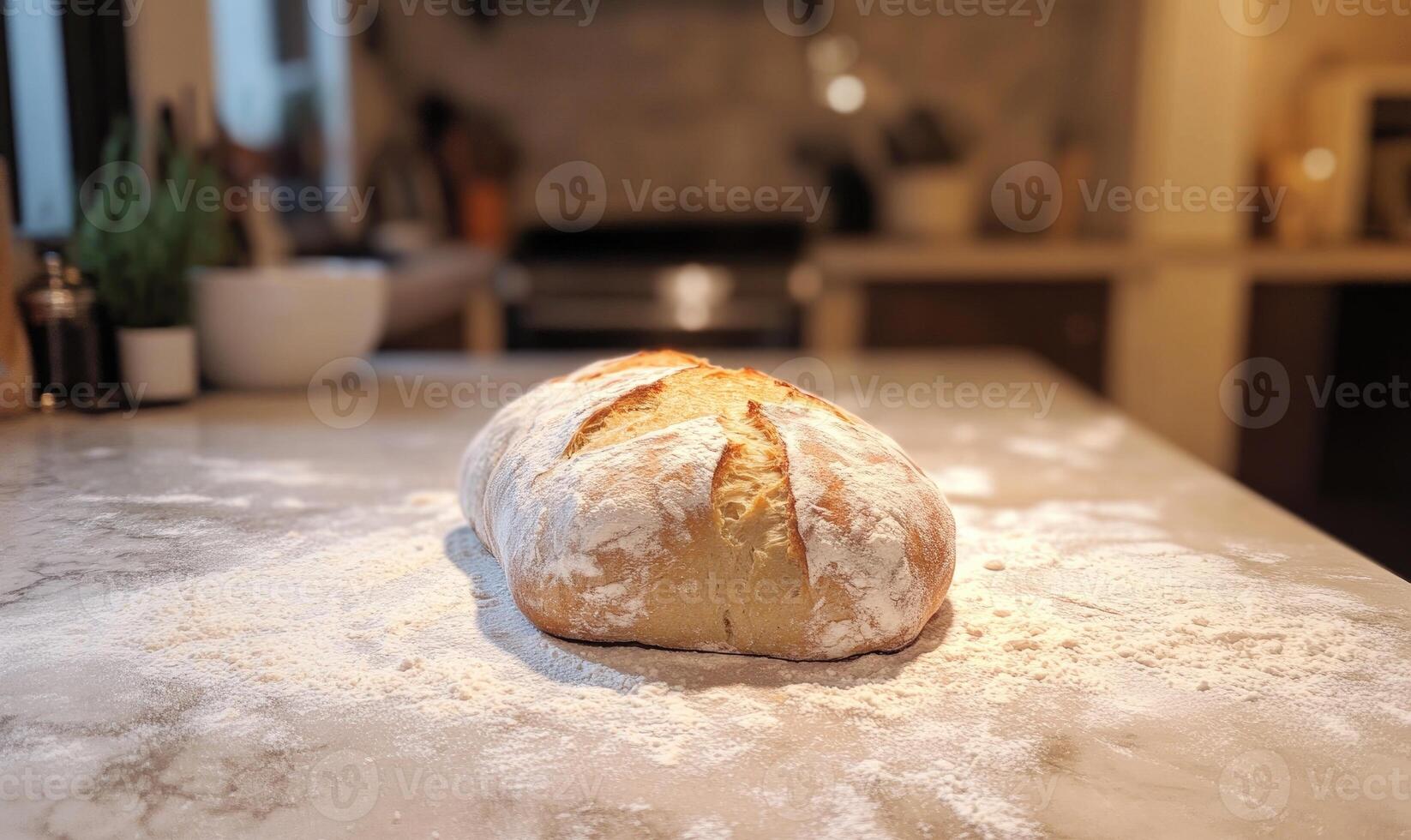 Artisan bread on a floured table, rustic feel photo