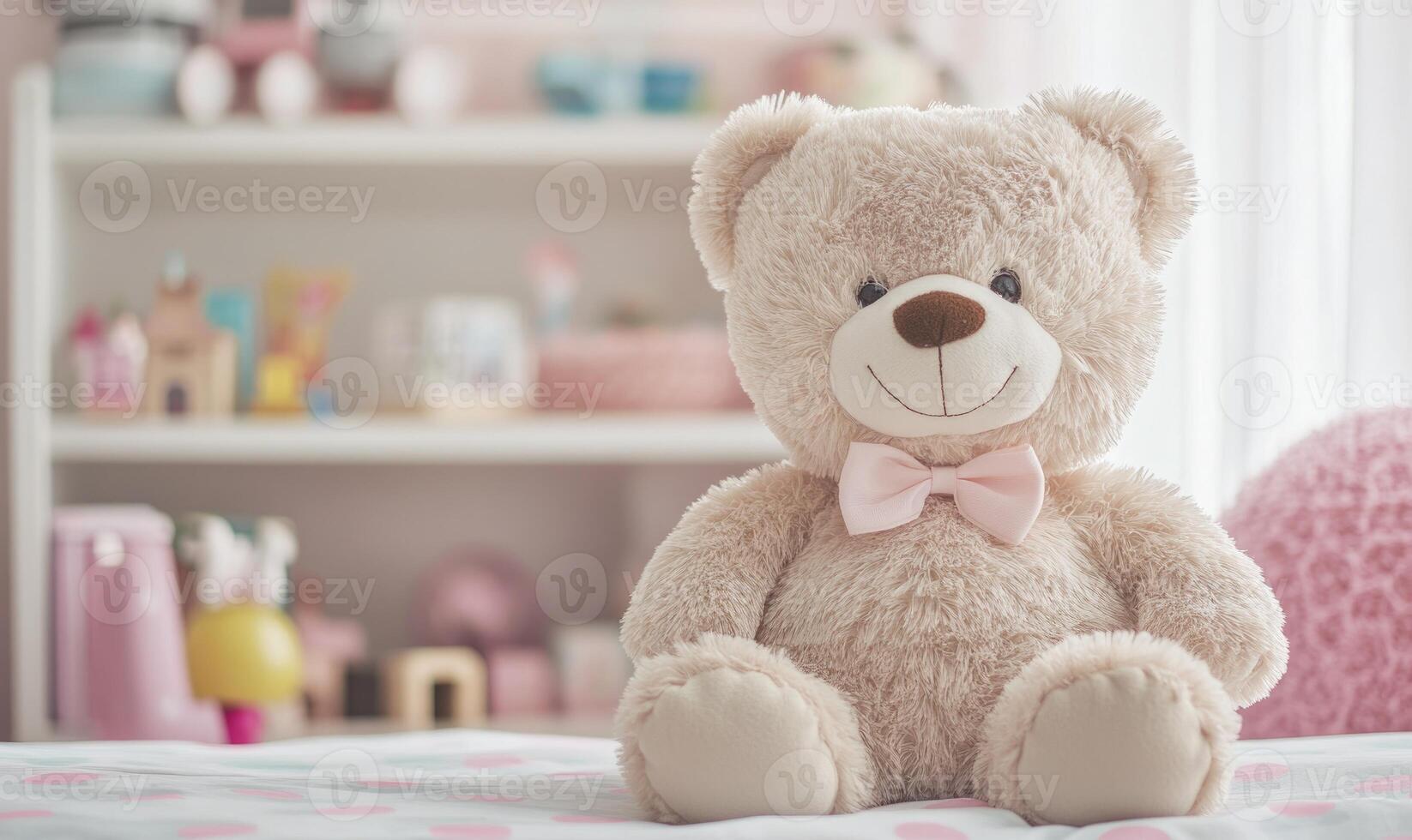 Fluffy bear sitting upright, polka dot sheets, toy shelf in background photo