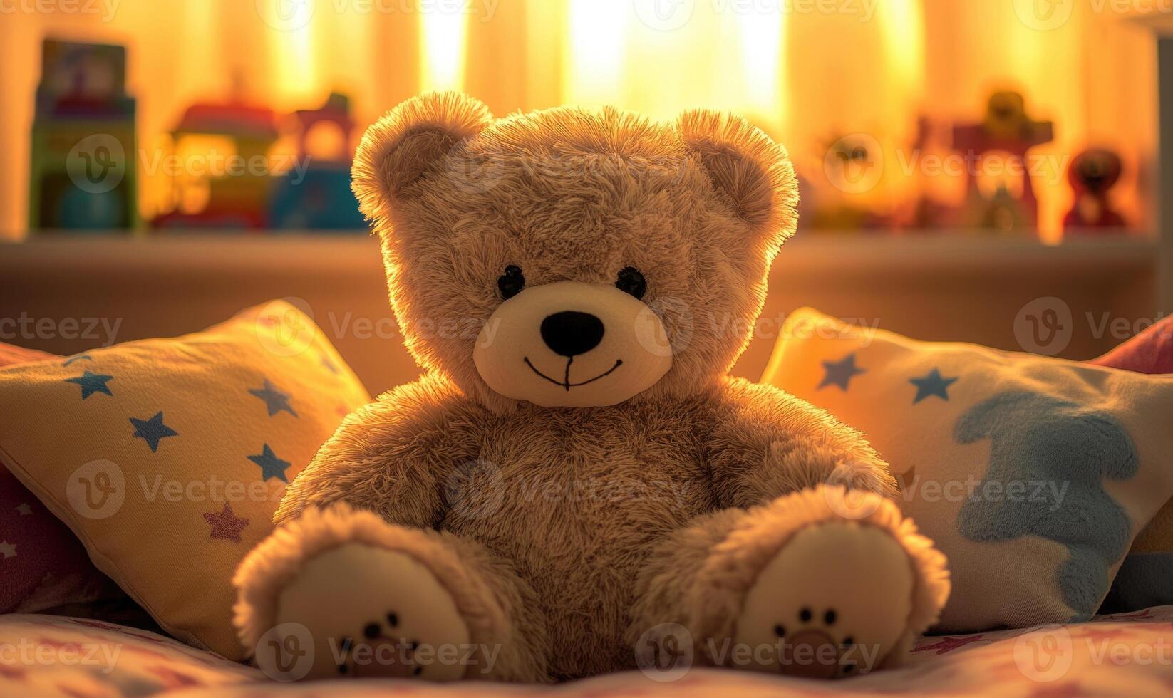 Fluffy bear surrounded by pillows, star-patterned bedding photo