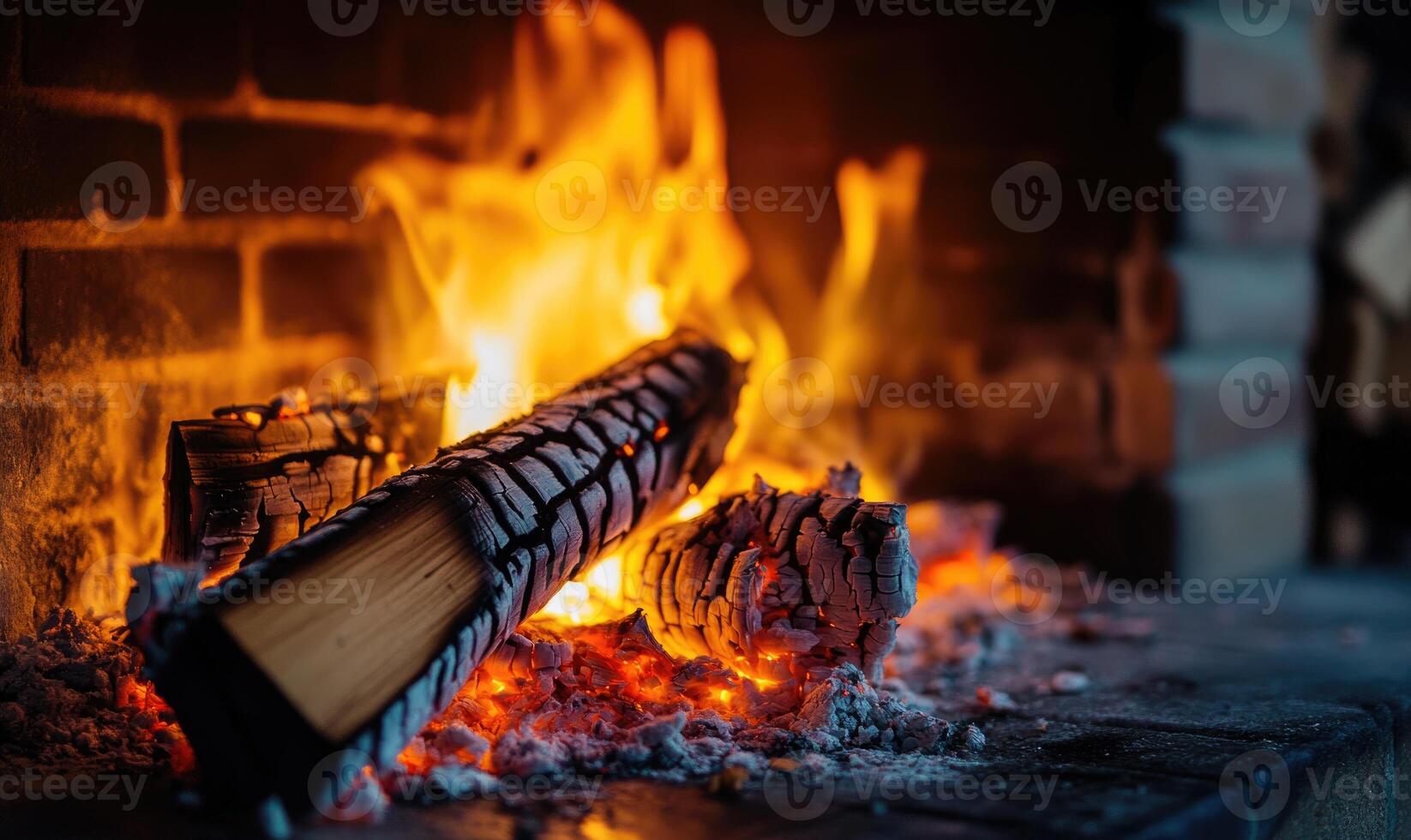 Close-up of a roaring fire in a classic fireplace, flickering flames photo