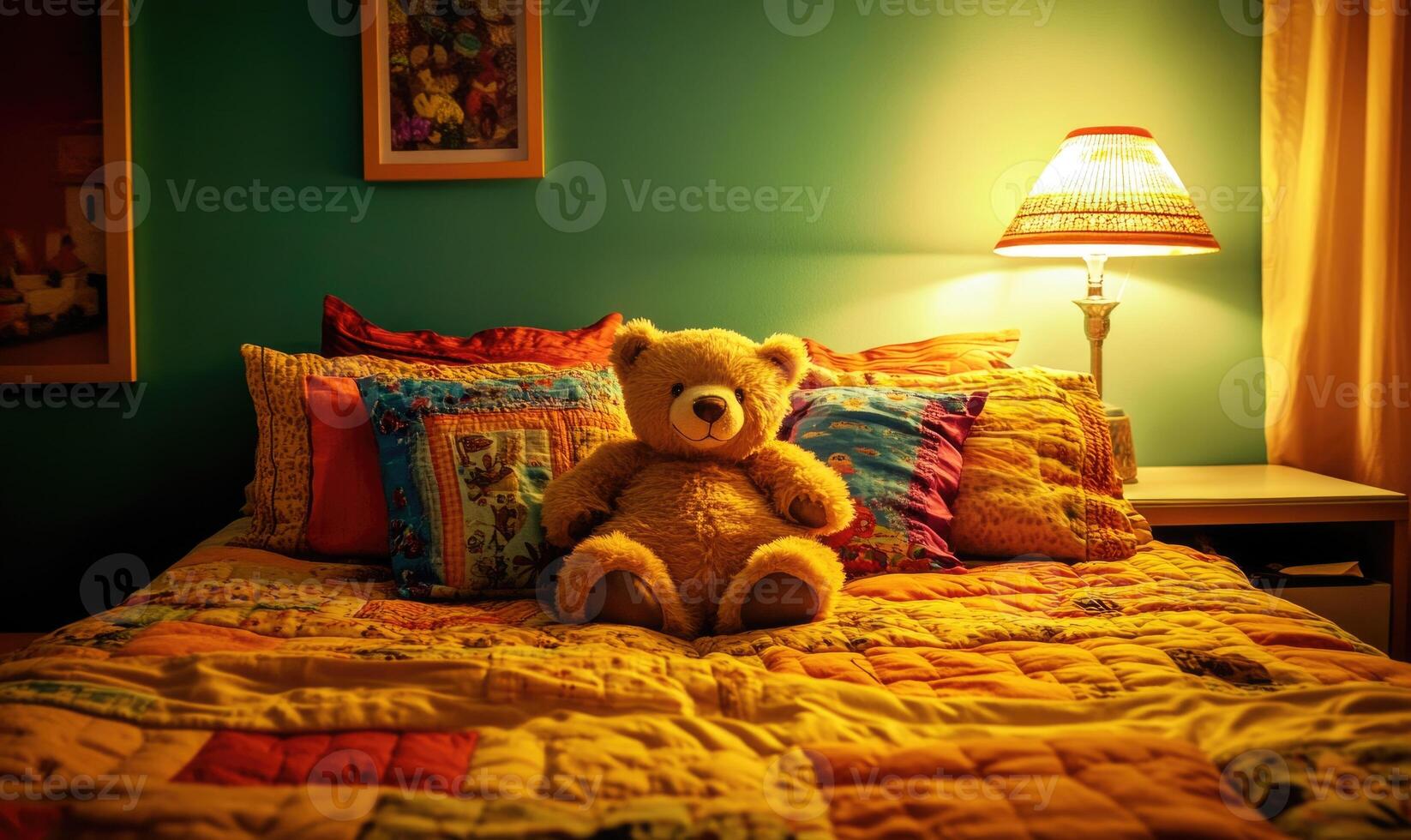 Fluffy bear surrounded by pillows, colorful bedspread photo