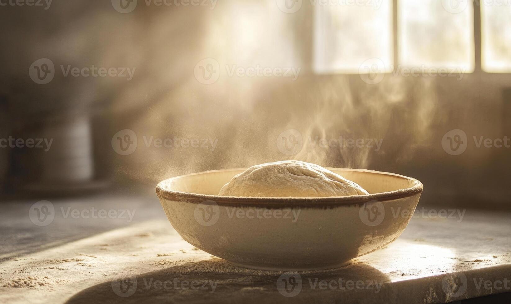 Dough rising in a bowl on a stone countertop photo