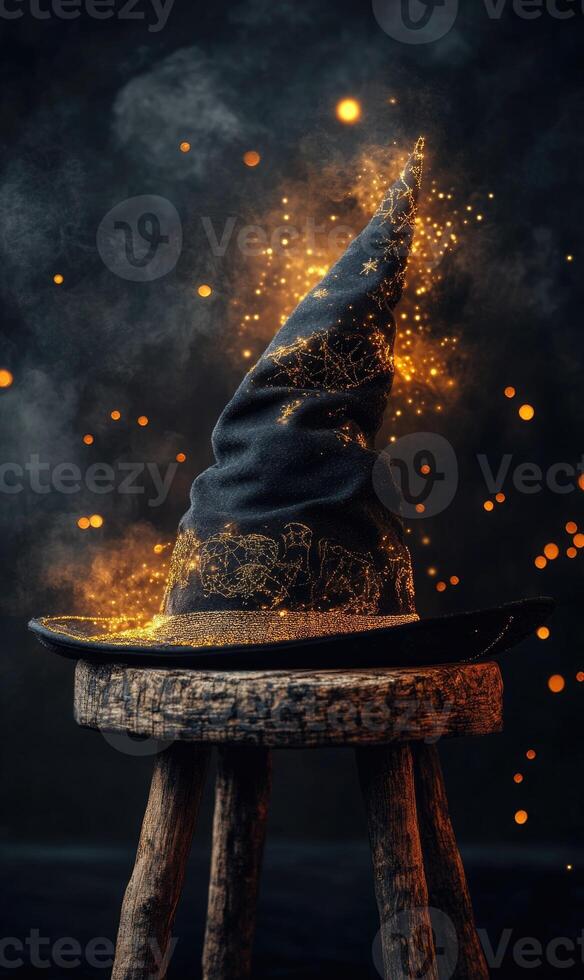 A black and gold wizard hat closeup, intricate patterns across the brim photo