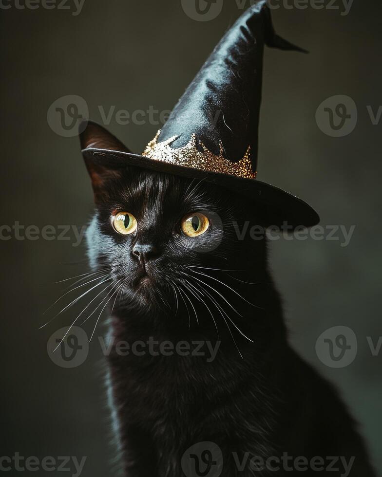 A black cat wearing a tall witch's hat photo