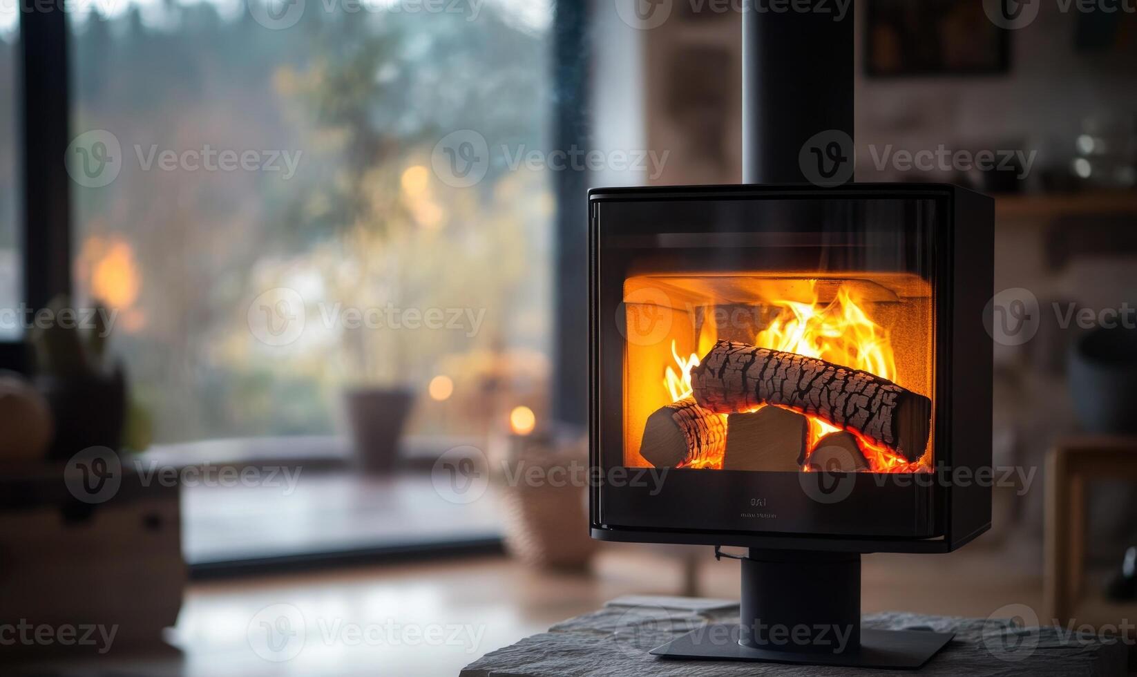 A brightly burning log in a minimalist stone hearth photo