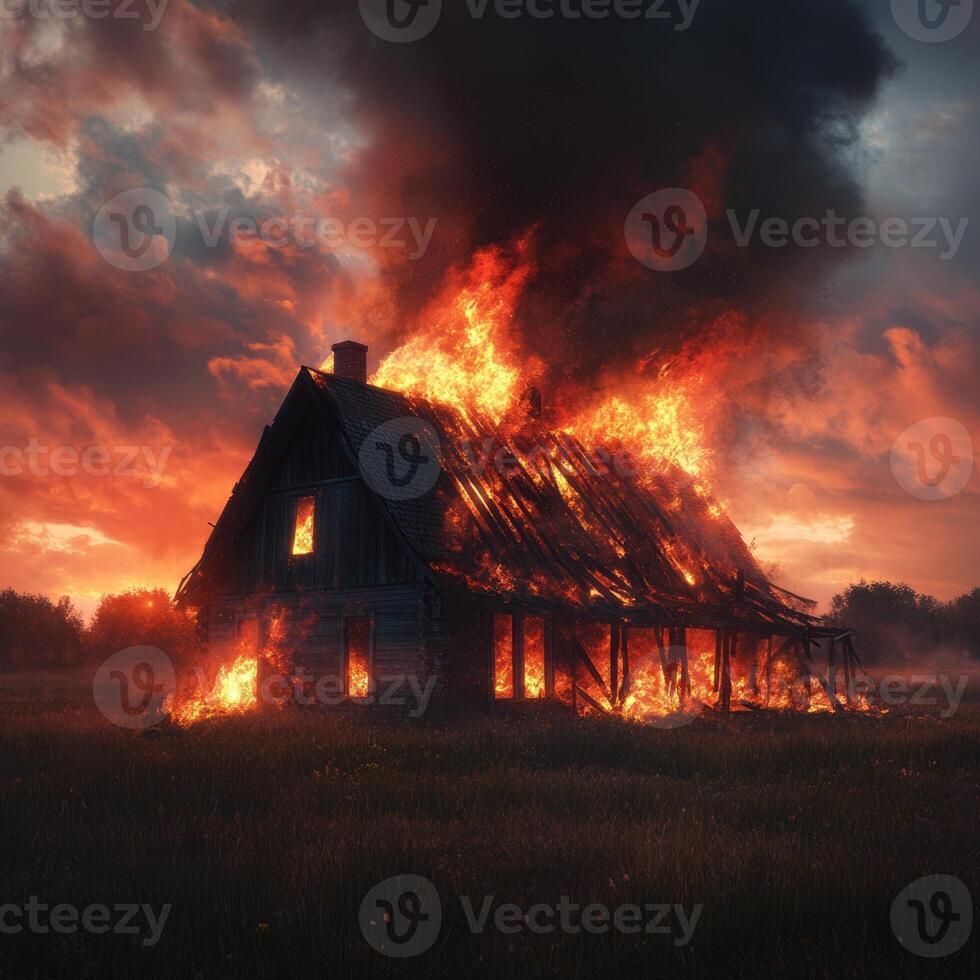 A burning farmhouse with flames spreading through the roof photo