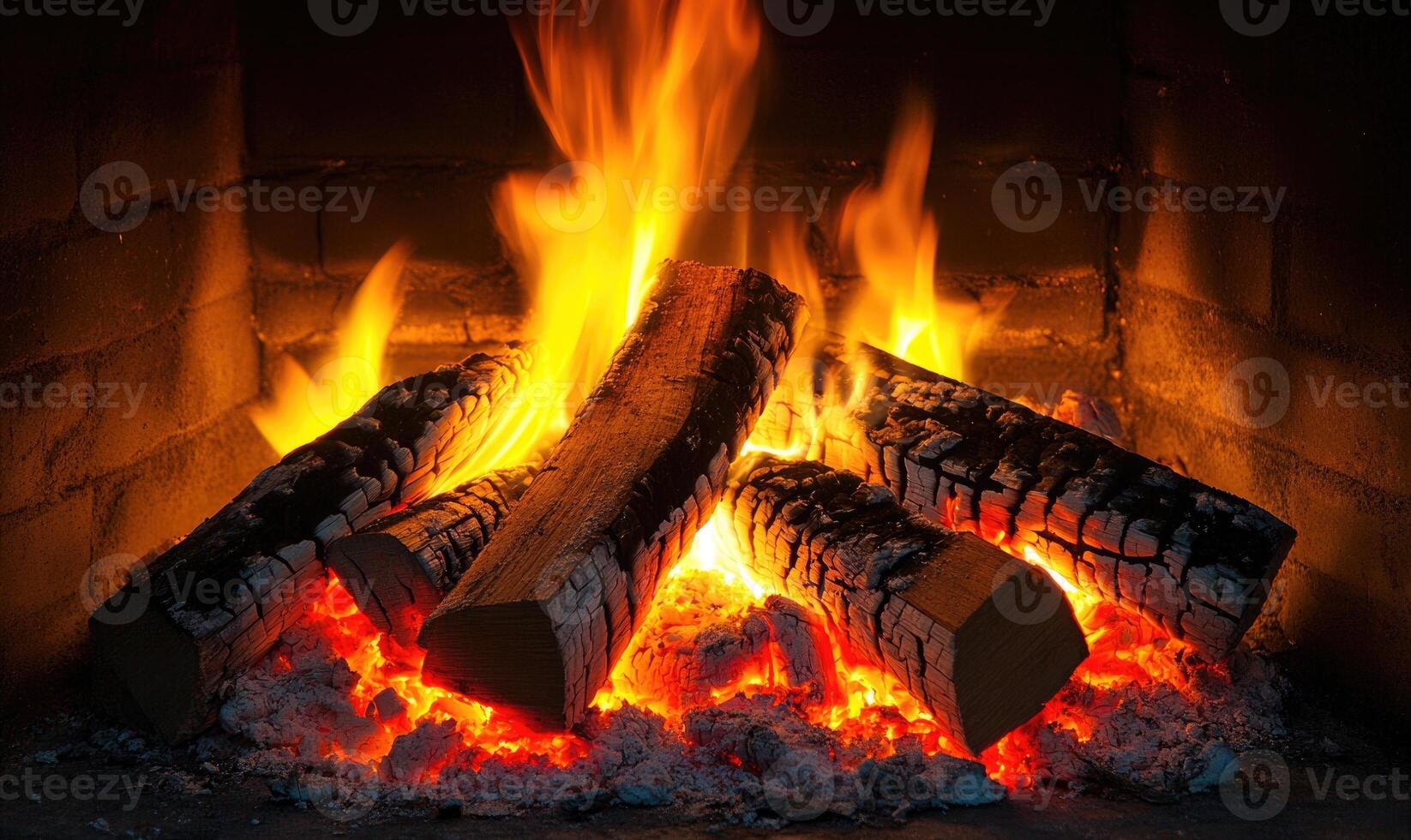 A brightly burning log closeup, flames flickering, glowing ash photo