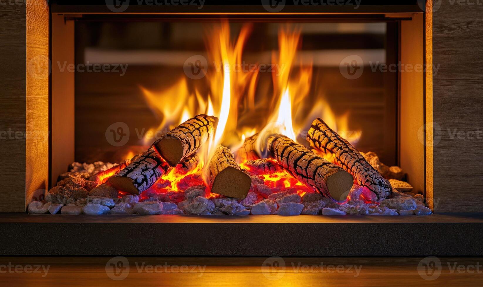 A burning log in a contemporary fireplace photo