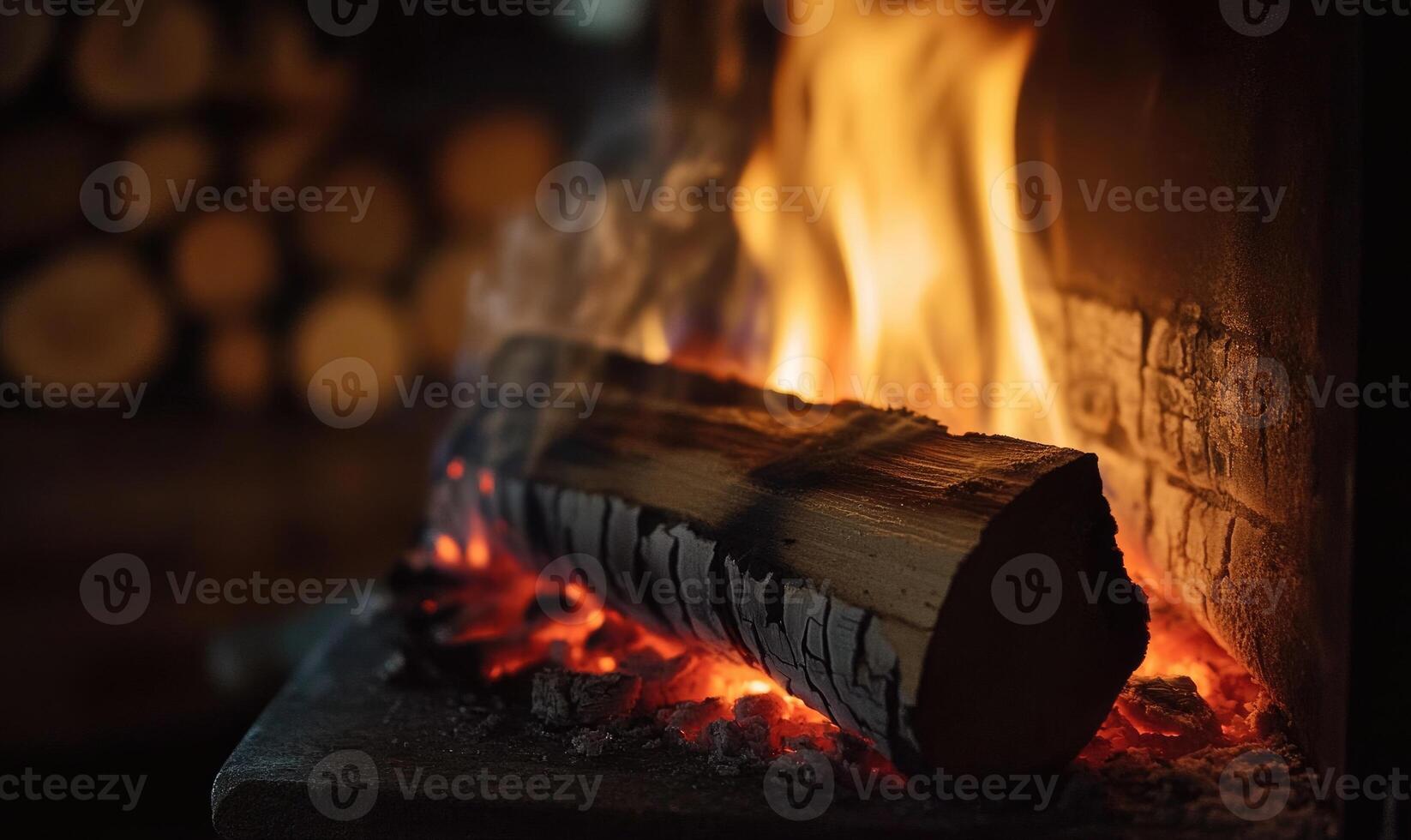 A burning log in a minimalist fireplace, bright flames photo