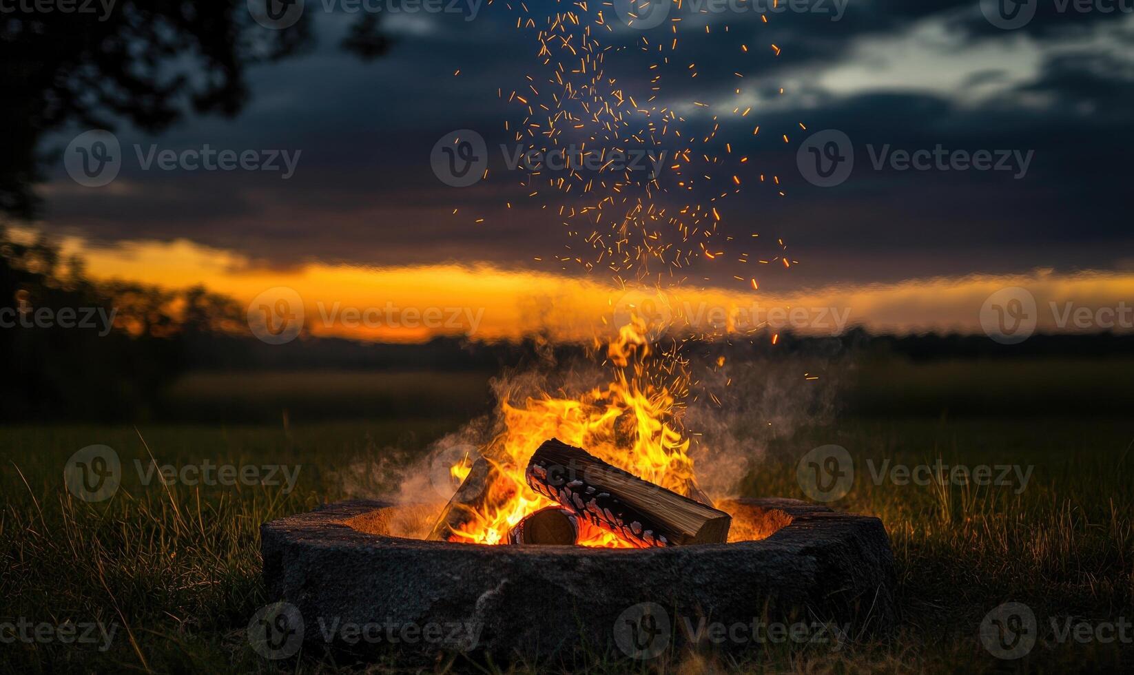 A burning log in a rustic outdoor firepit, sparks flying upward photo