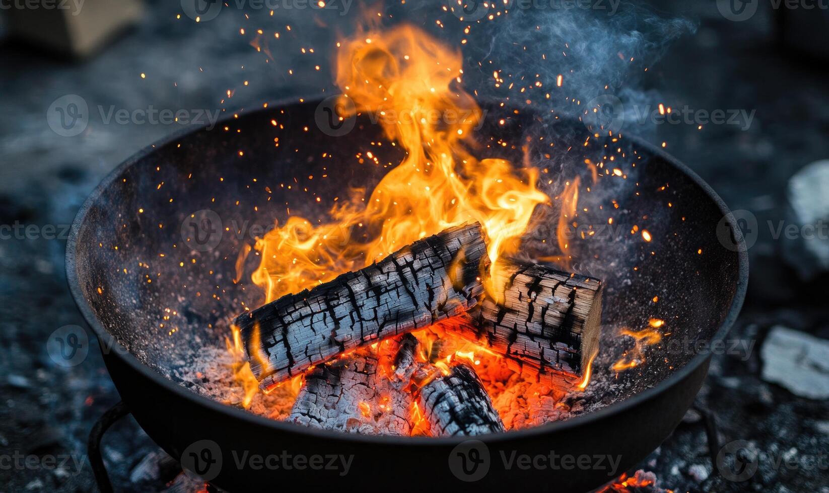 A burning log in a rustic outdoor firepit, sparks flying upward photo